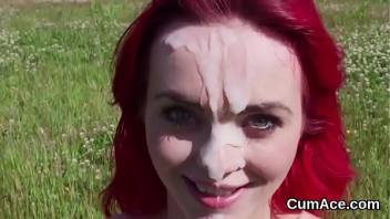 Unusual bombshell gets cum shot on her face swallowing all the cum
